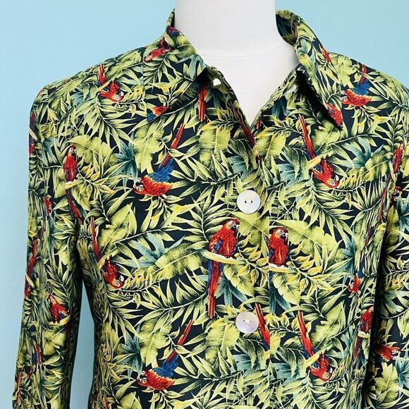 Vintage harvé benard 10 Green Red Floral Parrot 100% Silk Lined Blazer Jacket - Picture 2 of 11